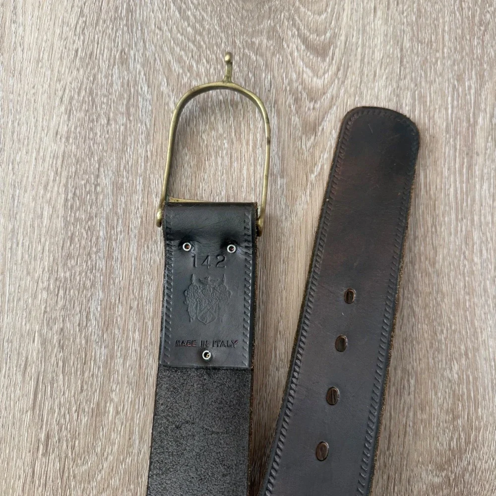VTG Italian Leather Belt Brass Stirrup Hook Buckle Dark Brown Made in Italy 36